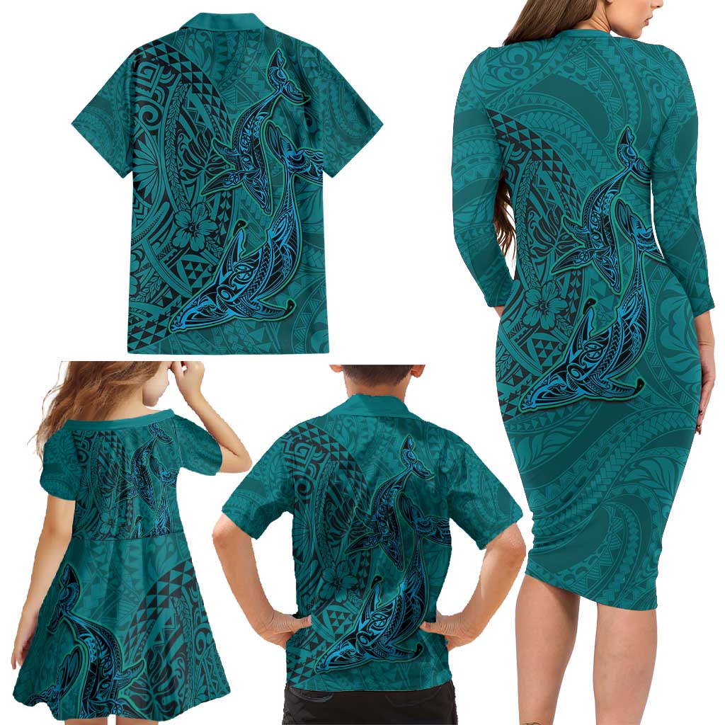 Hawaiian Whales Polynesian Art Motifs Family Matching Long Sleeve Bodycon Dress and Hawaiian Shirt Turquoise Color LT03 - Polynesian Pride