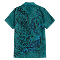 Hawaiian Whales Polynesian Art Motifs Family Matching Long Sleeve Bodycon Dress and Hawaiian Shirt Turquoise Color LT03 - Polynesian Pride