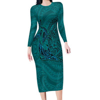 Hawaiian Whales Polynesian Art Motifs Family Matching Long Sleeve Bodycon Dress and Hawaiian Shirt Turquoise Color LT03 Mom's Dress Turquoise - Polynesian Pride