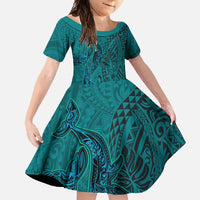 Hawaiian Whales Polynesian Art Motifs Family Matching Mermaid Dress and Hawaiian Shirt Turquoise Color LT03 Daughter's Dress Turquoise - Polynesian Pride