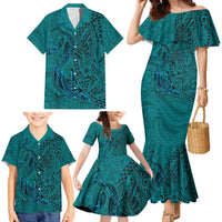 Hawaiian Whales Polynesian Art Motifs Family Matching Mermaid Dress and Hawaiian Shirt Turquoise Color LT03 - Polynesian Pride