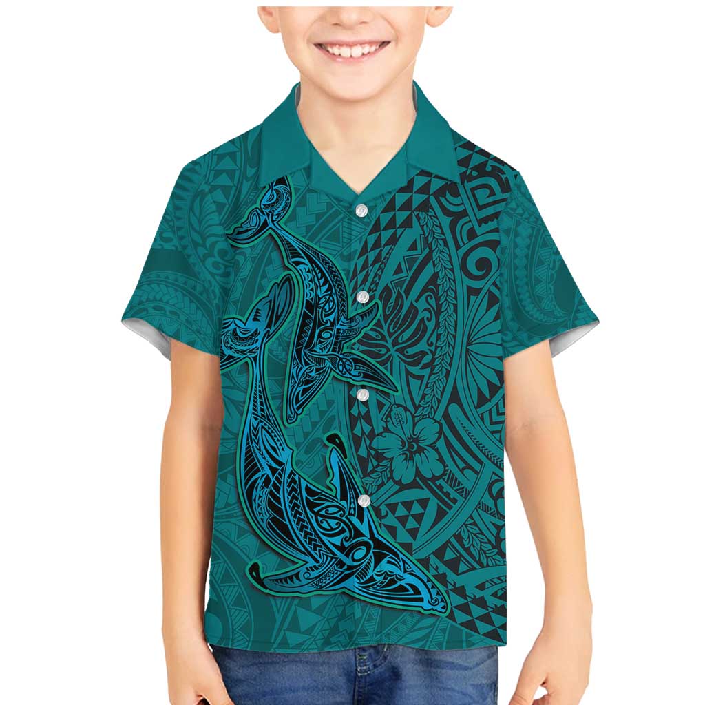 Hawaiian Whales Polynesian Art Motifs Family Matching Mermaid Dress and Hawaiian Shirt Turquoise Color LT03 Son's Shirt Turquoise - Polynesian Pride