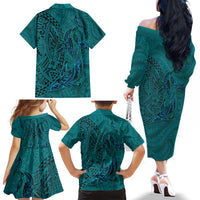 Hawaiian Whales Polynesian Art Motifs Family Matching Off The Shoulder Long Sleeve Dress and Hawaiian Shirt Turquoise Color LT03 - Polynesian Pride