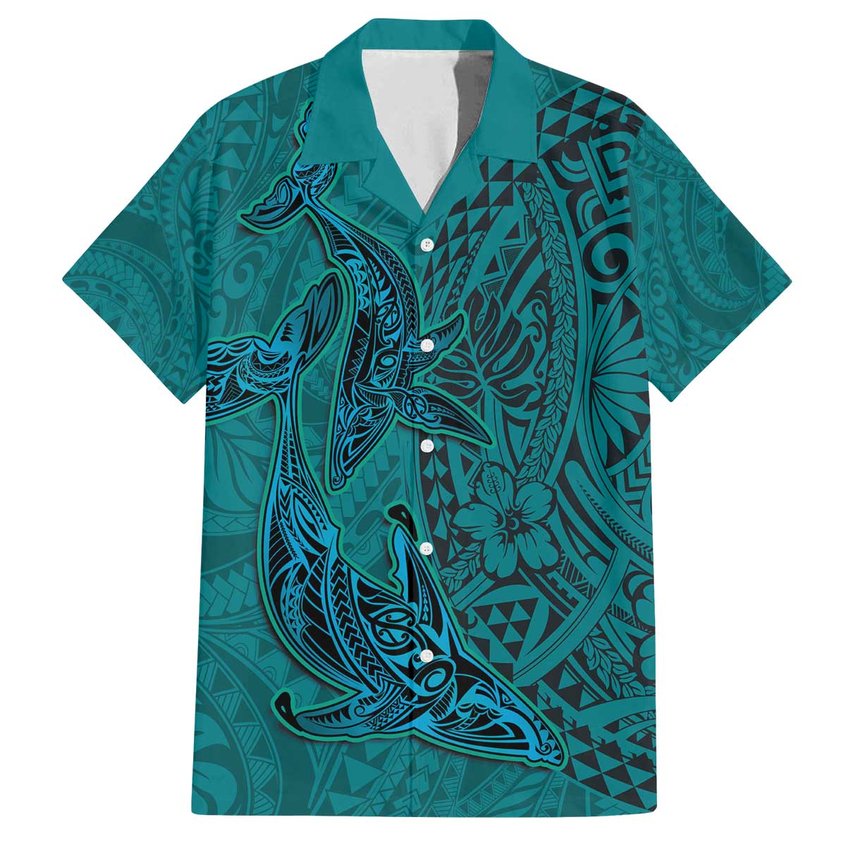 Hawaiian Whales Polynesian Art Motifs Family Matching Off The Shoulder Long Sleeve Dress and Hawaiian Shirt Turquoise Color LT03 Dad's Shirt - Short Sleeve Turquoise - Polynesian Pride