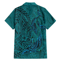 Hawaiian Whales Polynesian Art Motifs Family Matching Off The Shoulder Long Sleeve Dress and Hawaiian Shirt Turquoise Color LT03 - Polynesian Pride