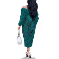 Hawaiian Whales Polynesian Art Motifs Family Matching Off The Shoulder Long Sleeve Dress and Hawaiian Shirt Turquoise Color LT03 - Polynesian Pride