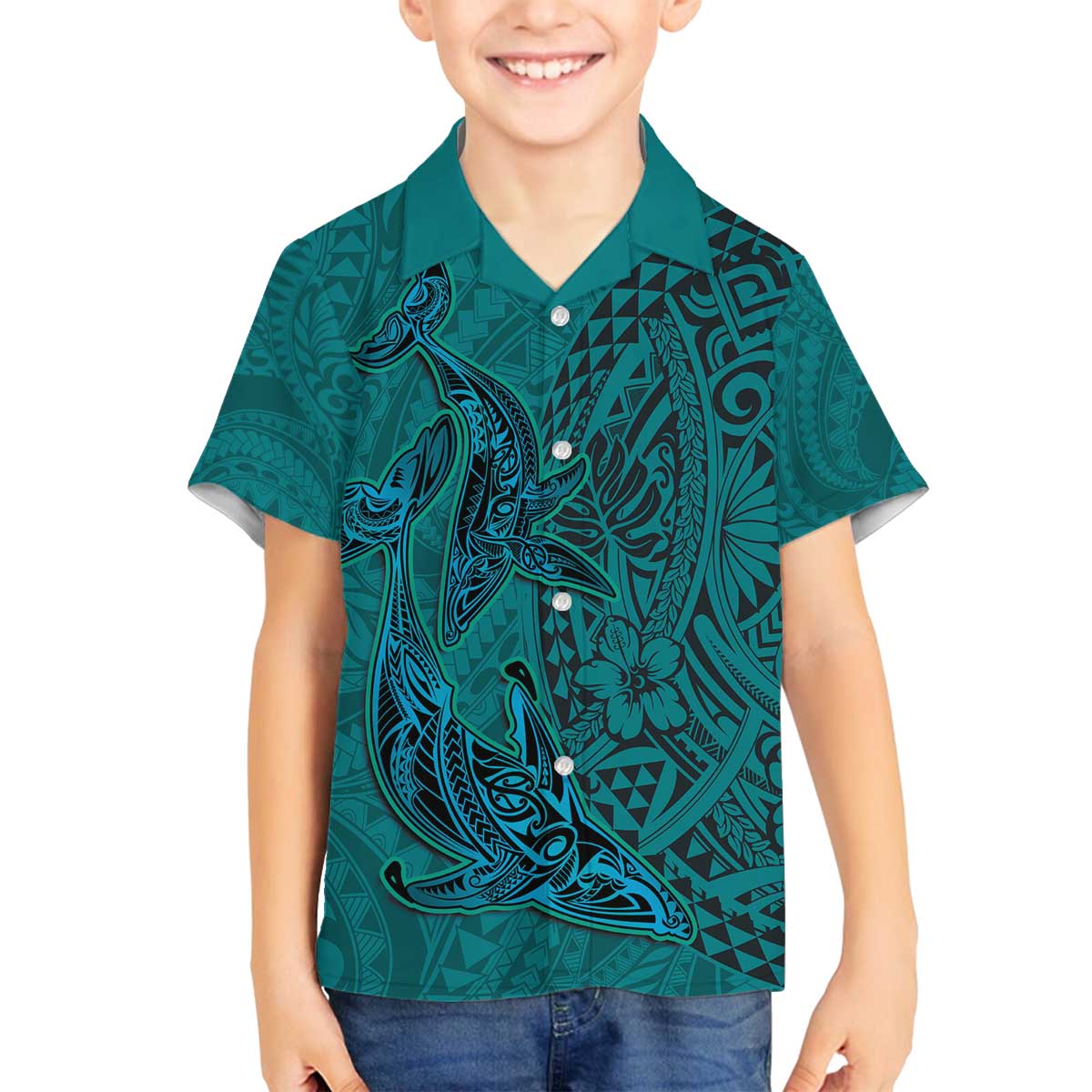 Hawaiian Whales Polynesian Art Motifs Family Matching Off The Shoulder Long Sleeve Dress and Hawaiian Shirt Turquoise Color LT03 Son's Shirt Turquoise - Polynesian Pride