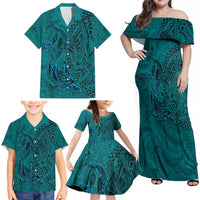 Hawaiian Whales Polynesian Art Motifs Family Matching Off Shoulder Maxi Dress and Hawaiian Shirt Turquoise Color LT03 - Polynesian Pride