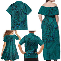 Hawaiian Whales Polynesian Art Motifs Family Matching Off Shoulder Maxi Dress and Hawaiian Shirt Turquoise Color LT03 - Polynesian Pride