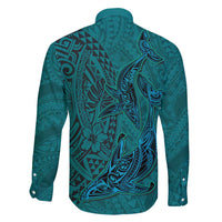 Hawaiian Whales Polynesian Art Motifs Family Matching Off Shoulder Maxi Dress and Hawaiian Shirt Turquoise Color LT03 - Polynesian Pride