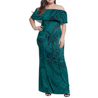 Hawaiian Whales Polynesian Art Motifs Family Matching Off Shoulder Maxi Dress and Hawaiian Shirt Turquoise Color LT03 Mom's Dress Turquoise - Polynesian Pride