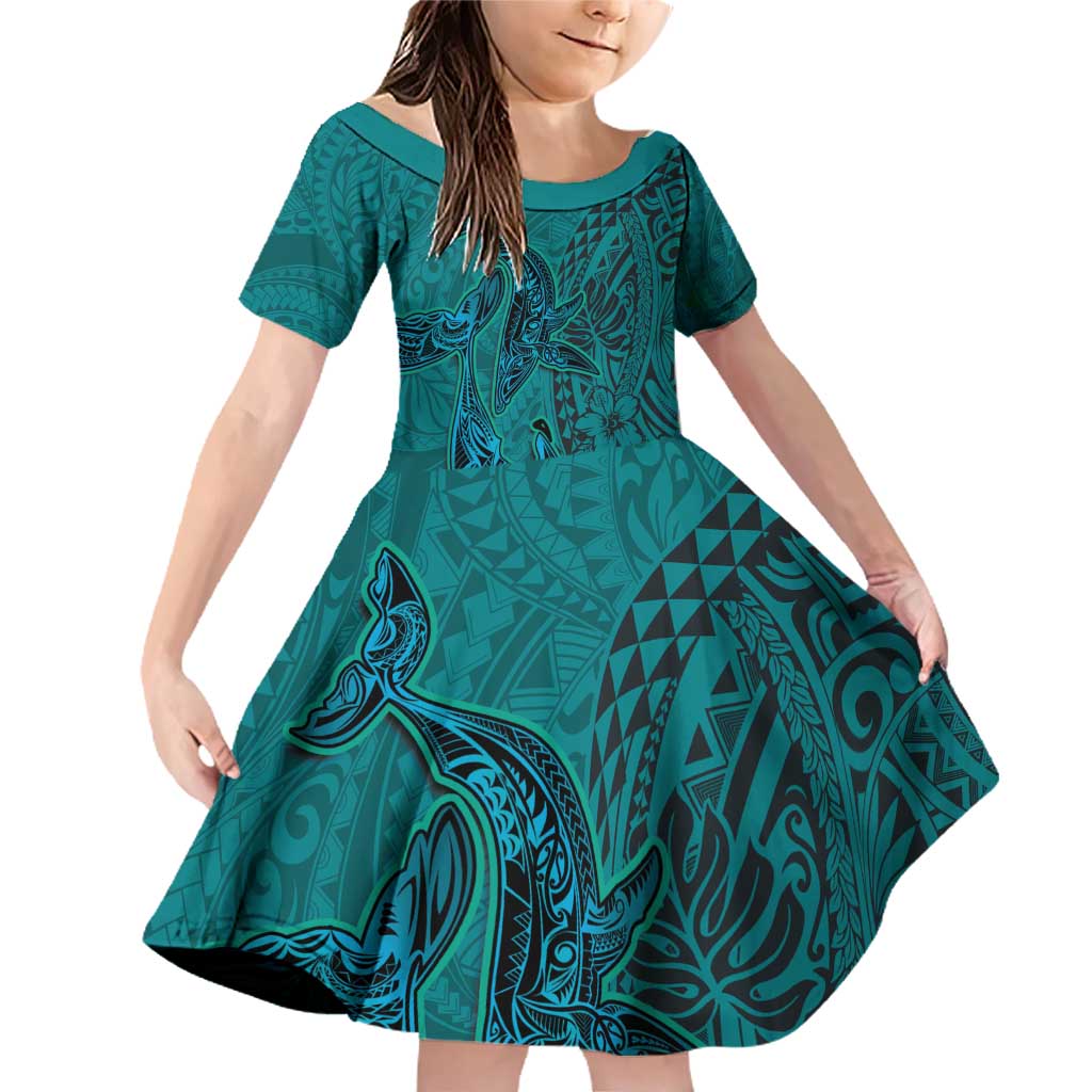 Hawaiian Whales Polynesian Art Motifs Family Matching Off Shoulder Short Dress and Hawaiian Shirt Turquoise Color LT03 Daughter's Dress Turquoise - Polynesian Pride