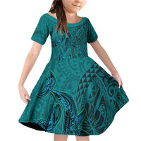 Hawaiian Whales Polynesian Art Motifs Family Matching Off Shoulder Short Dress and Hawaiian Shirt Turquoise Color LT03 Daughter's Dress Turquoise - Polynesian Pride