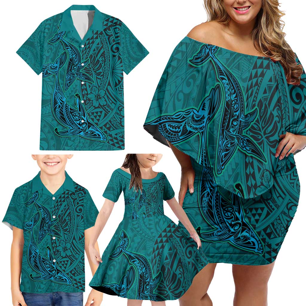 Hawaiian Whales Polynesian Art Motifs Family Matching Off Shoulder Short Dress and Hawaiian Shirt Turquoise Color LT03 - Polynesian Pride