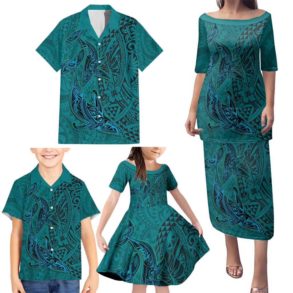 Hawaiian Whales Polynesian Art Motifs Family Matching Puletasi and Hawaiian Shirt Turquoise Color LT03 - Polynesian Pride