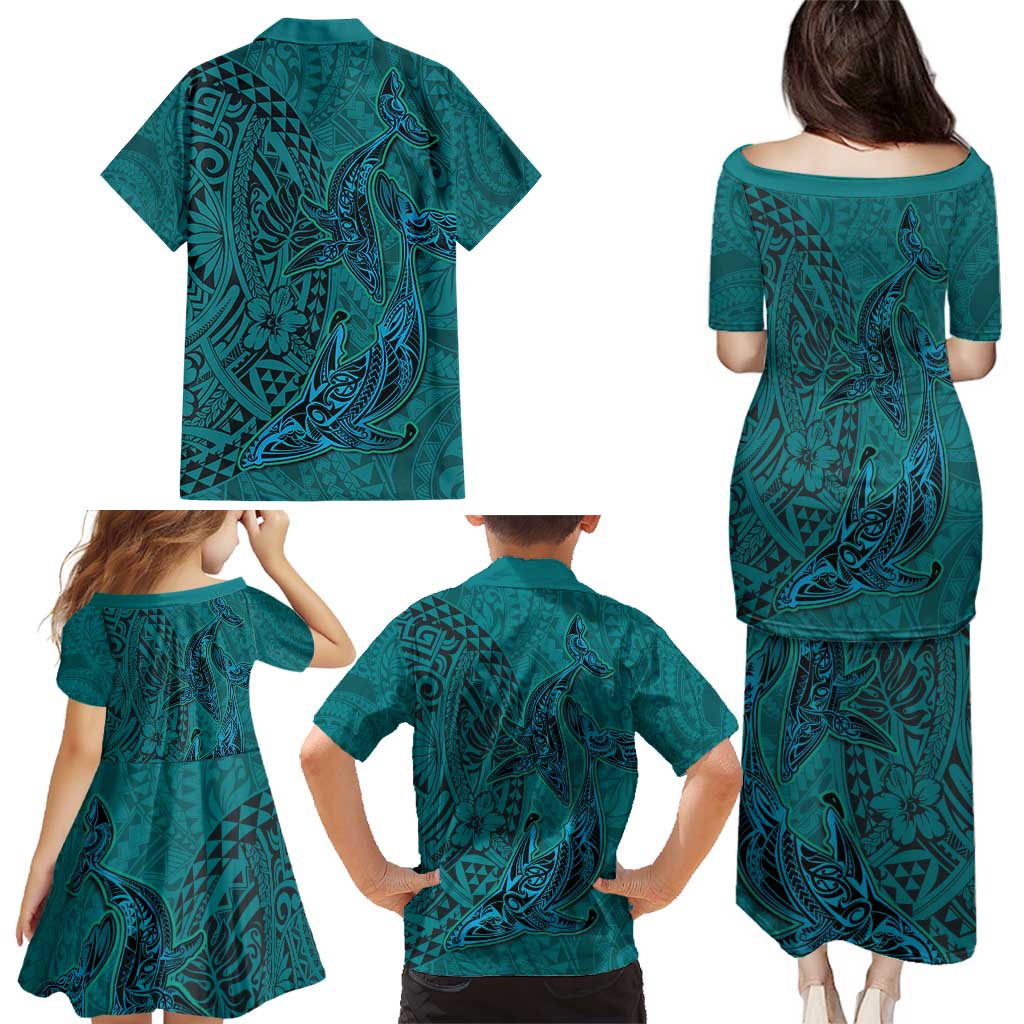 Hawaiian Whales Polynesian Art Motifs Family Matching Puletasi and Hawaiian Shirt Turquoise Color LT03 - Polynesian Pride
