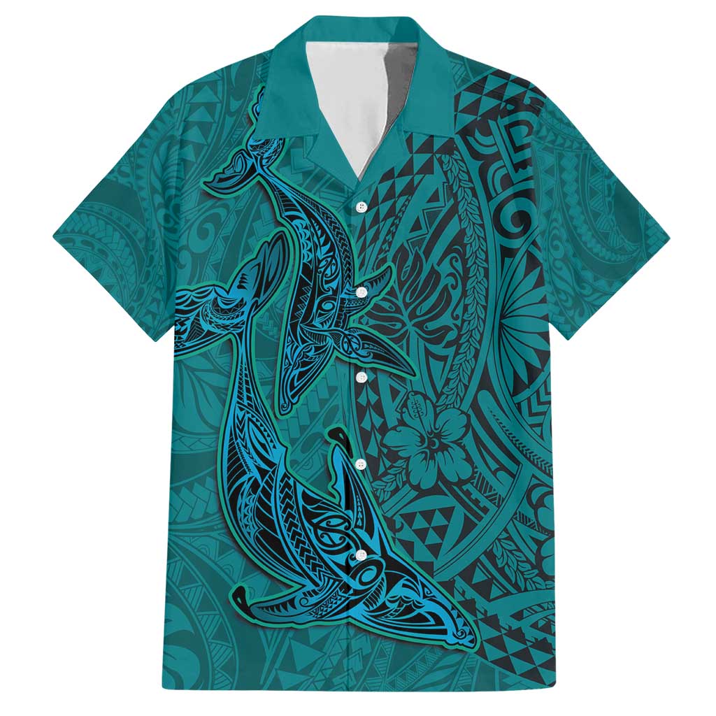 Hawaiian Whales Polynesian Art Motifs Family Matching Short Sleeve Bodycon Dress and Hawaiian Shirt Turquoise Color LT03 Dad's Shirt - Short Sleeve Turquoise - Polynesian Pride