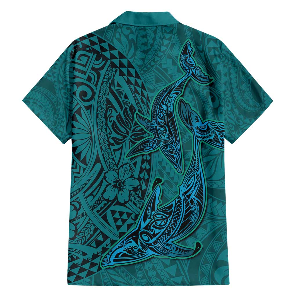 Hawaiian Whales Polynesian Art Motifs Family Matching Short Sleeve Bodycon Dress and Hawaiian Shirt Turquoise Color LT03 - Polynesian Pride