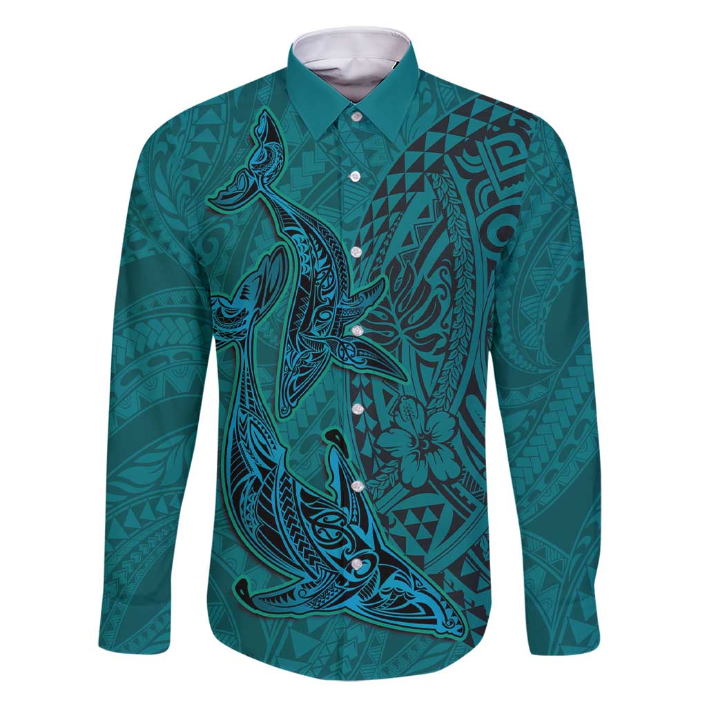 Hawaiian Whales Polynesian Art Motifs Family Matching Short Sleeve Bodycon Dress and Hawaiian Shirt Turquoise Color LT03 Dad's Shirt - Long Sleeve Turquoise - Polynesian Pride