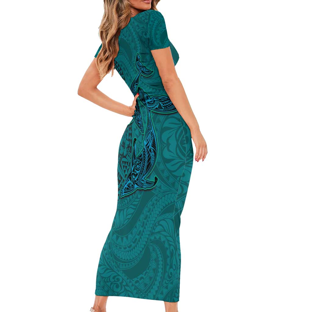 Hawaiian Whales Polynesian Art Motifs Family Matching Short Sleeve Bodycon Dress and Hawaiian Shirt Turquoise Color LT03 - Polynesian Pride