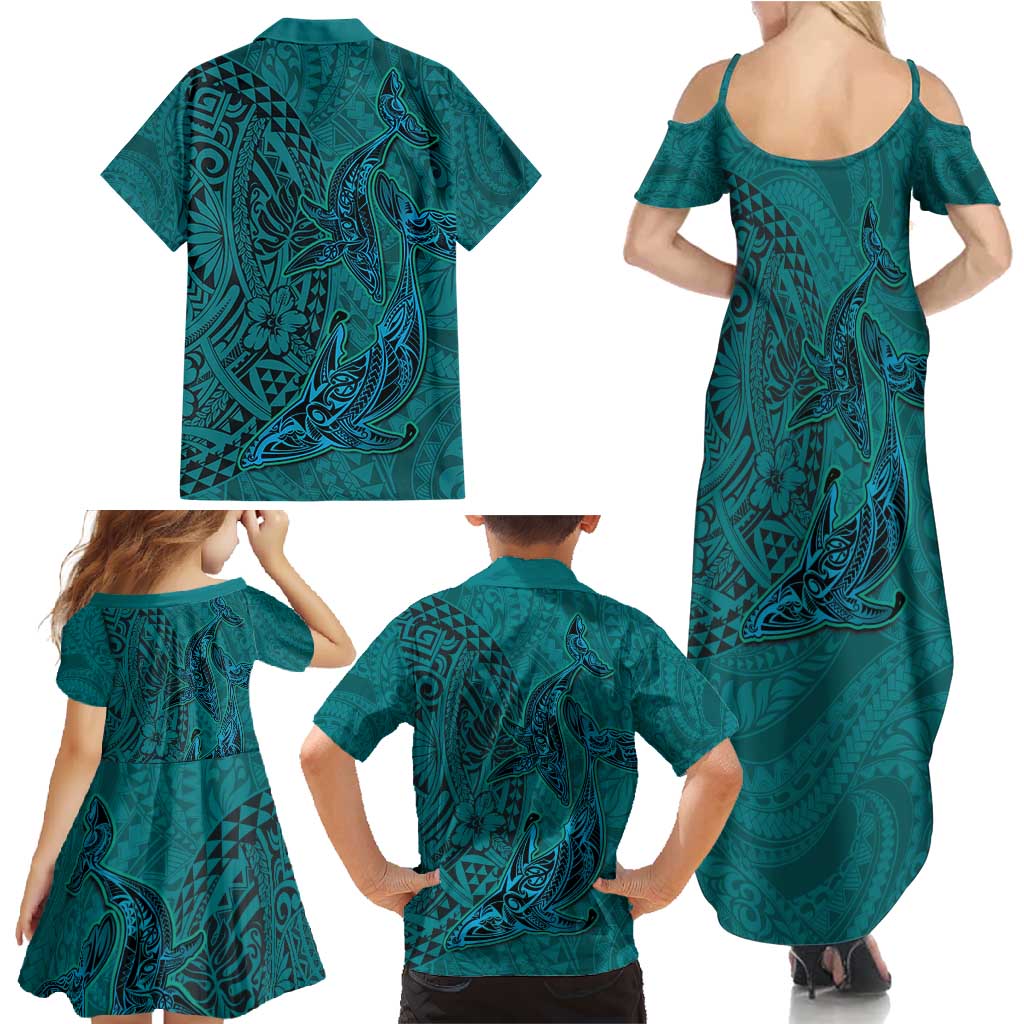 Hawaiian Whales Polynesian Art Motifs Family Matching Summer Maxi Dress and Hawaiian Shirt Turquoise Color LT03 - Polynesian Pride