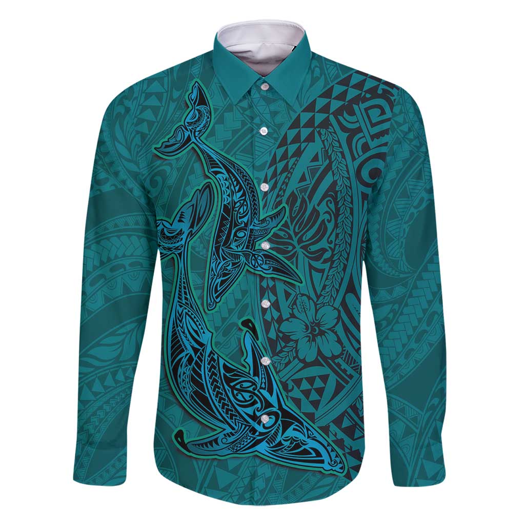 Hawaiian Whales Polynesian Art Motifs Family Matching Summer Maxi Dress and Hawaiian Shirt Turquoise Color LT03 Dad's Shirt - Long Sleeve Turquoise - Polynesian Pride