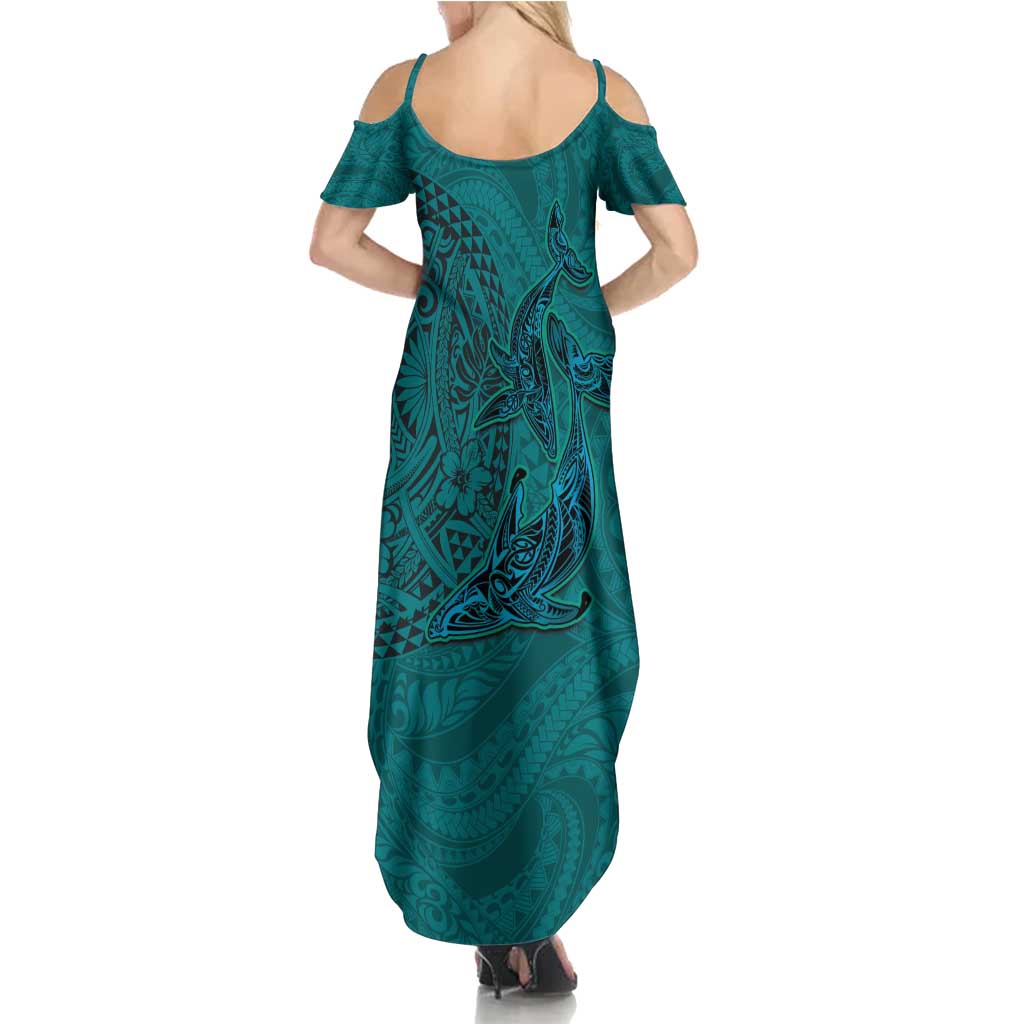 Hawaiian Whales Polynesian Art Motifs Family Matching Summer Maxi Dress and Hawaiian Shirt Turquoise Color LT03 - Polynesian Pride