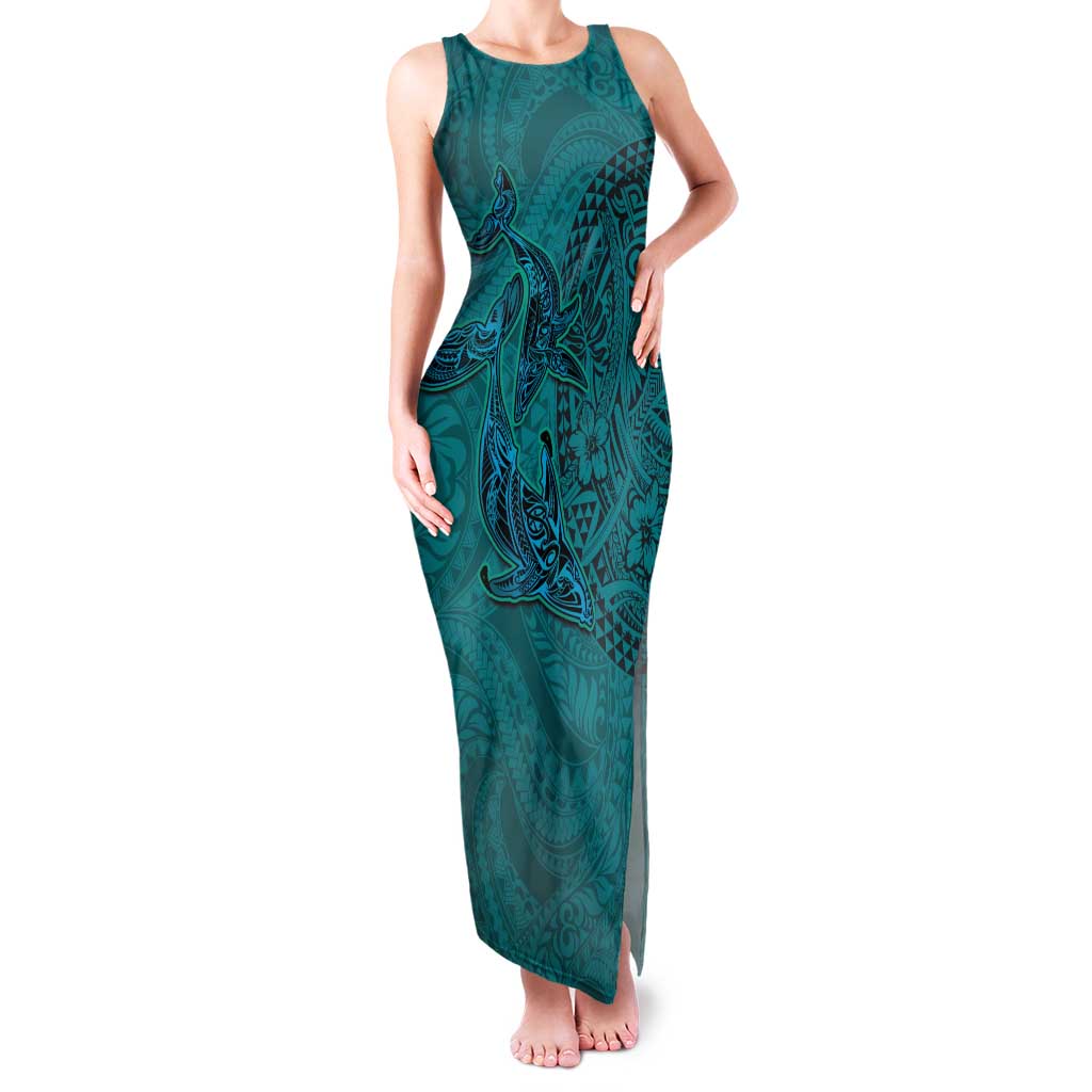 Hawaiian Whales Polynesian Art Motifs Family Matching Tank Maxi Dress and Hawaiian Shirt Turquoise Color LT03 Mom's Dress Turquoise - Polynesian Pride