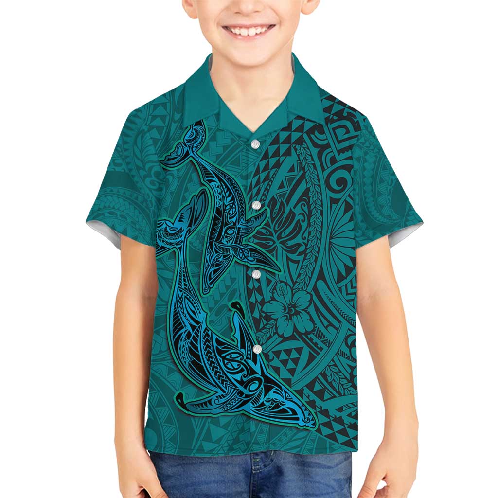 Hawaiian Whales Polynesian Art Motifs Family Matching Tank Maxi Dress and Hawaiian Shirt Turquoise Color LT03 Son's Shirt Turquoise - Polynesian Pride