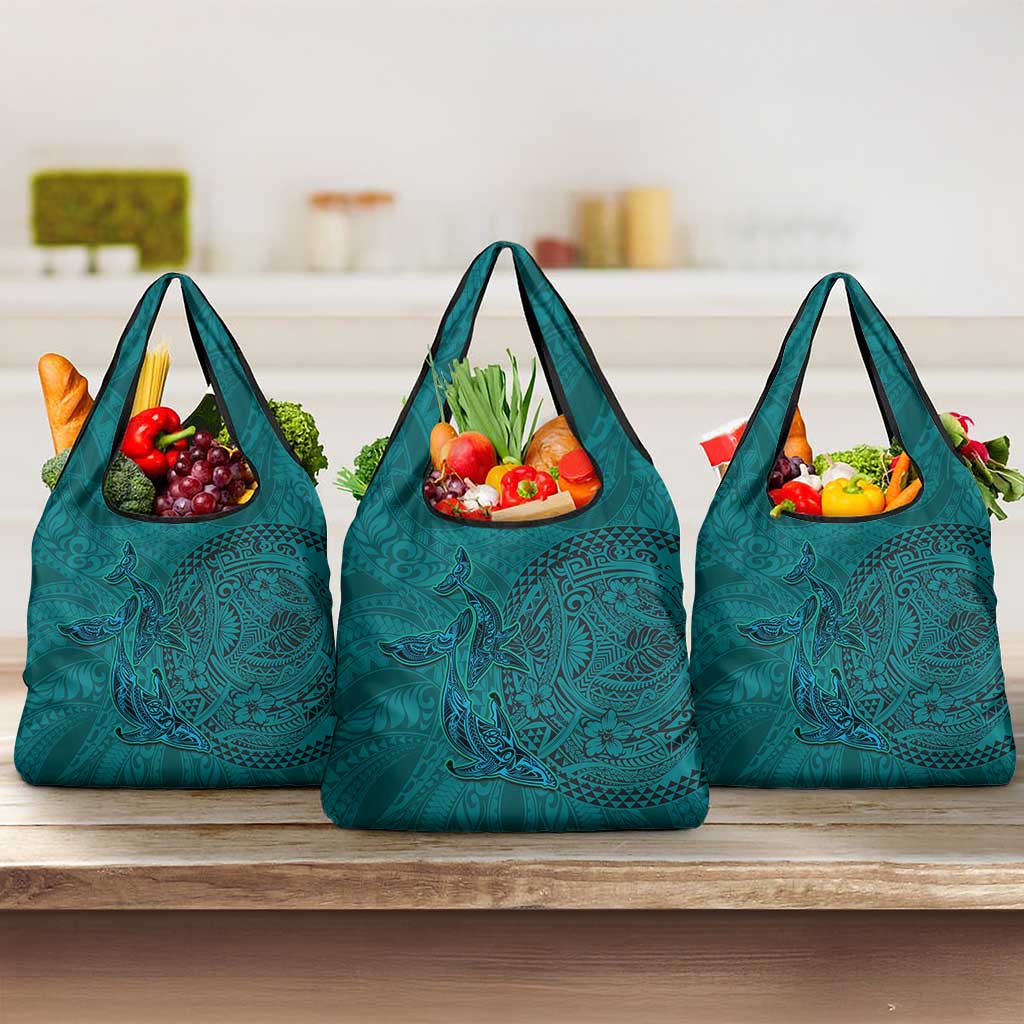 Hawaiian Whales Polynesian Art Motifs Grocery Bag Turquoise Color - Polynesian Pride