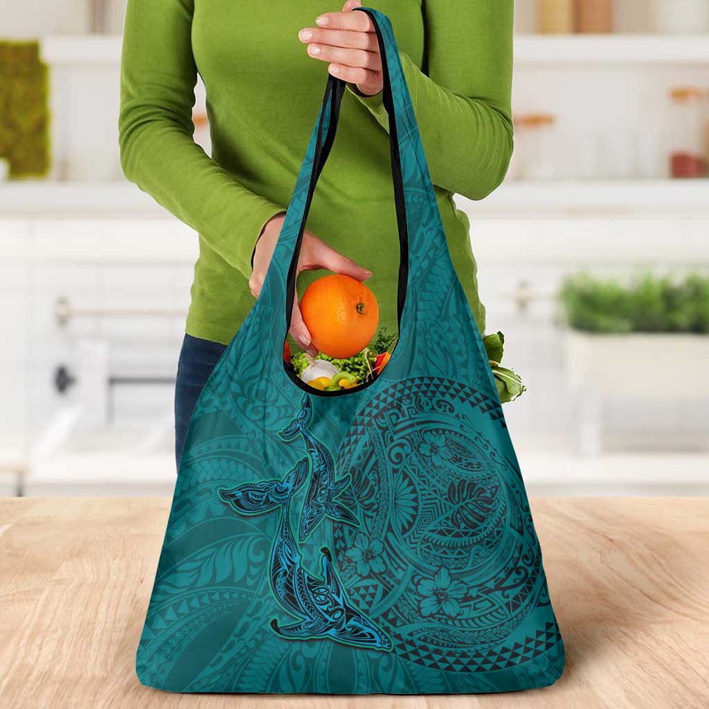 Hawaiian Whales Polynesian Art Motifs Grocery Bag Turquoise Color - Polynesian Pride