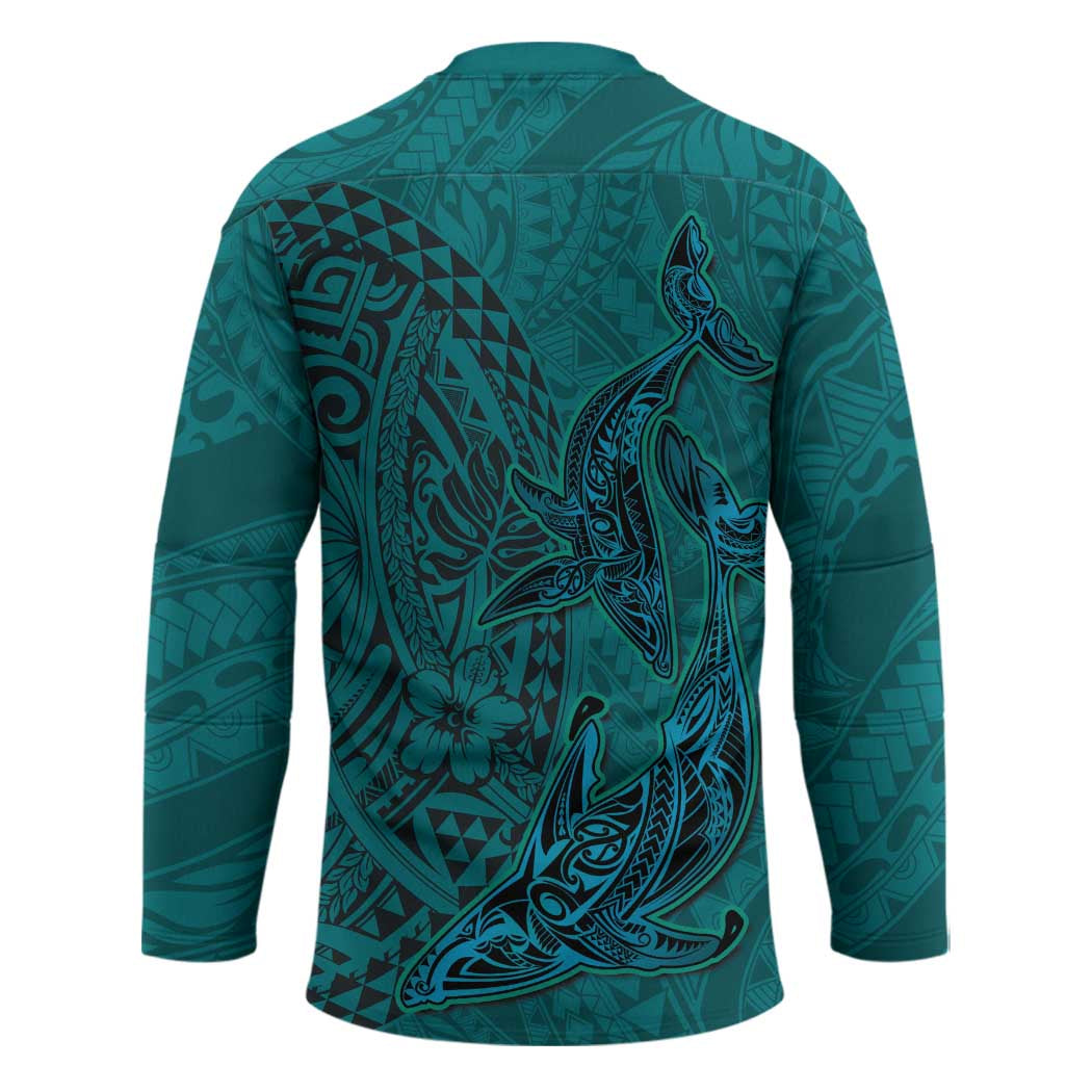 Hawaiian Whales Polynesian Art Motifs Hockey Jersey Turquoise Color - Polynesian Pride