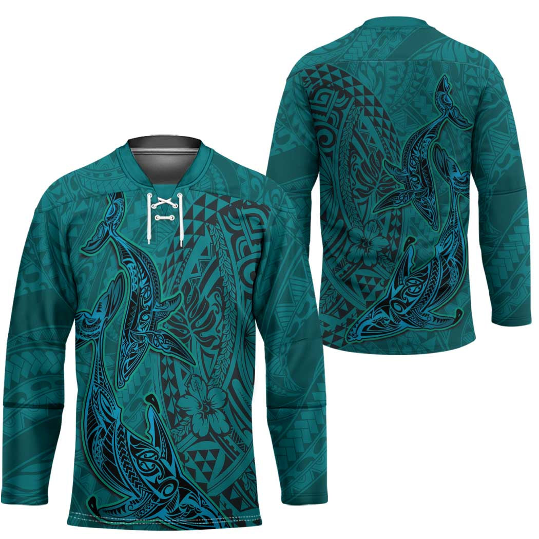 Hawaiian Whales Polynesian Art Motifs Hockey Jersey Turquoise Color - Polynesian Pride