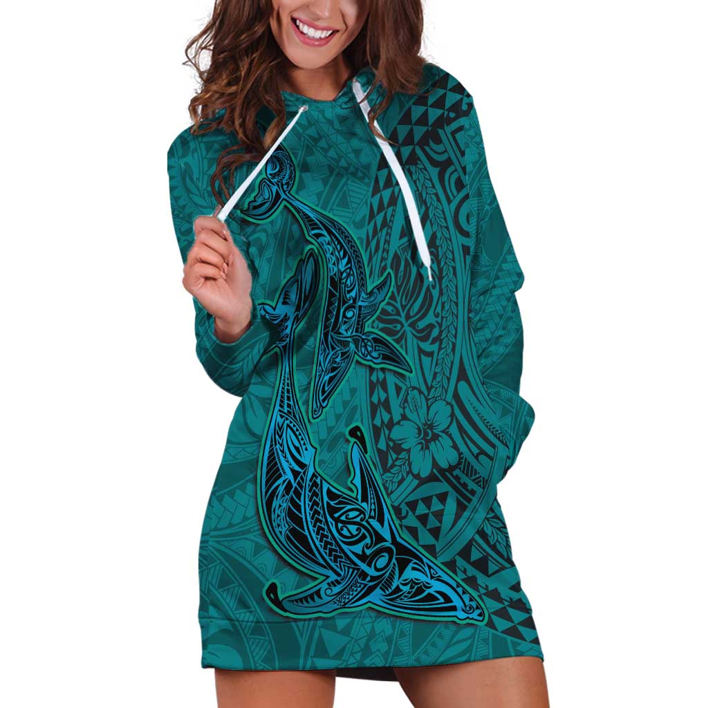 Hawaiian Whales Polynesian Art Motifs Hoodie Dress Turquoise Color LT03 Turquoise - Polynesian Pride