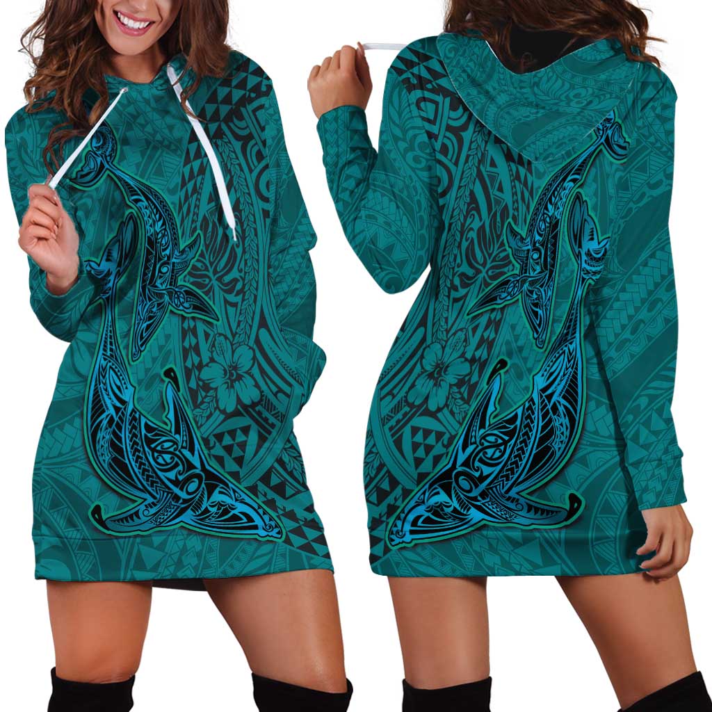 Hawaiian Whales Polynesian Art Motifs Hoodie Dress Turquoise Color LT03 - Polynesian Pride