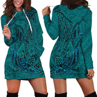Hawaiian Whales Polynesian Art Motifs Hoodie Dress Turquoise Color LT03 - Polynesian Pride