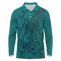 Hawaiian Whales Polynesian Art Motifs Long Sleeve Polo Shirt Turquoise Color LT03 Turquoise - Polynesian Pride
