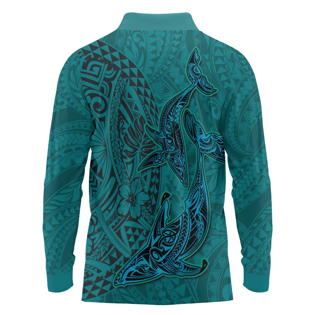 Hawaiian Whales Polynesian Art Motifs Long Sleeve Polo Shirt Turquoise Color LT03 - Polynesian Pride