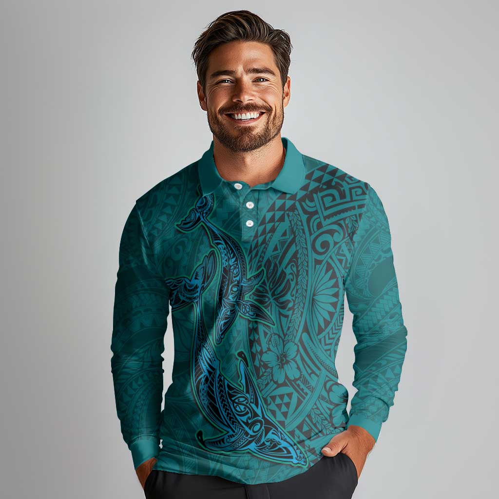 Hawaiian Whales Polynesian Art Motifs Long Sleeve Polo Shirt Turquoise Color LT03 - Polynesian Pride