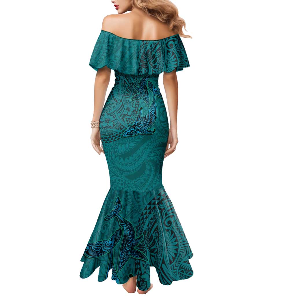 Hawaiian Whales Polynesian Art Motifs Mermaid Dress Turquoise Color - Polynesian Pride