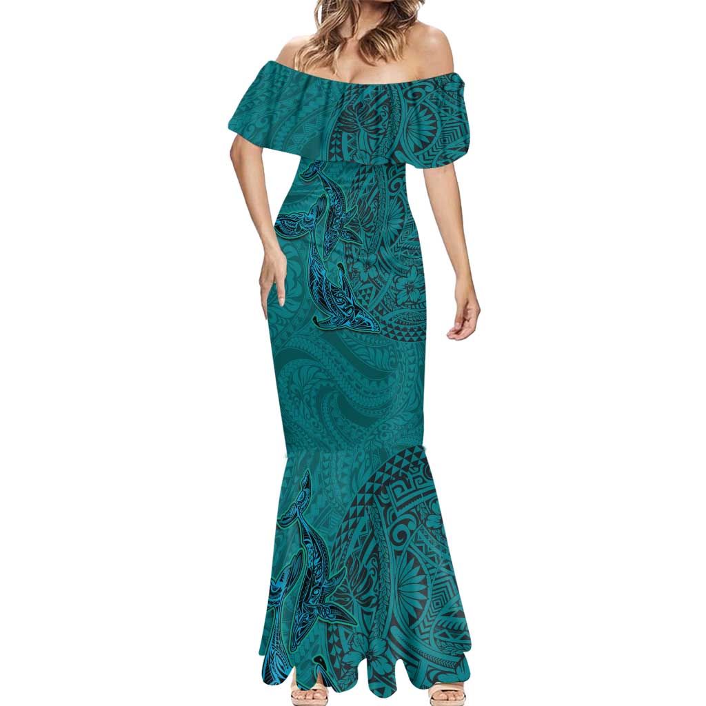 Hawaiian Whales Polynesian Art Motifs Mermaid Dress Turquoise Color - Polynesian Pride