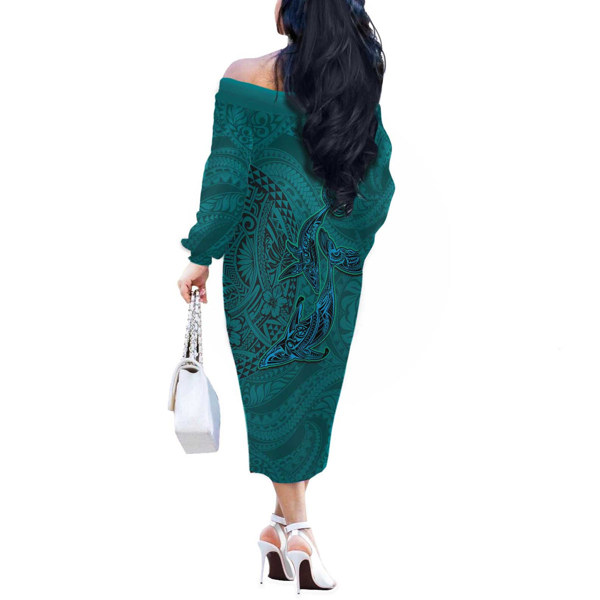 Hawaiian Whales Polynesian Art Motifs Off The Shoulder Long Sleeve Dress Turquoise Color LT03 - Polynesian Pride