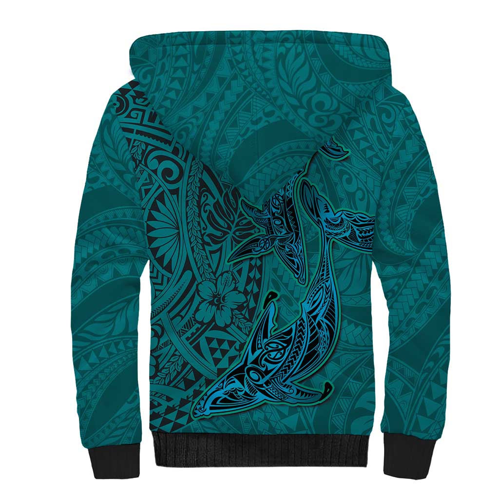 Hawaiian Whales Polynesian Art Motifs Sherpa Hoodie Turquoise Color LT03 - Polynesian Pride