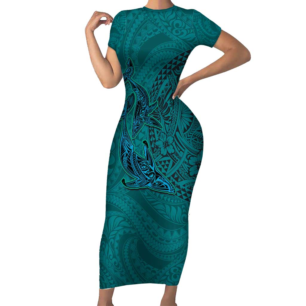 Hawaiian Whales Polynesian Art Motifs Short Sleeve Bodycon Dress Turquoise Color LT03 Long Dress Turquoise - Polynesian Pride