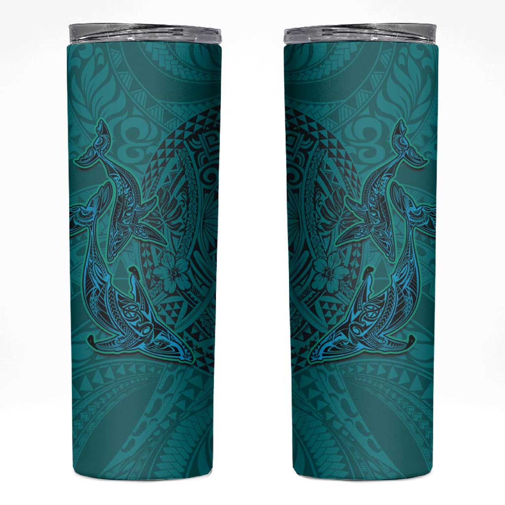 Hawaiian Whales Polynesian Art Motifs Skinny Tumbler Turquoise Color LT03 Turquoise - Polynesian Pride