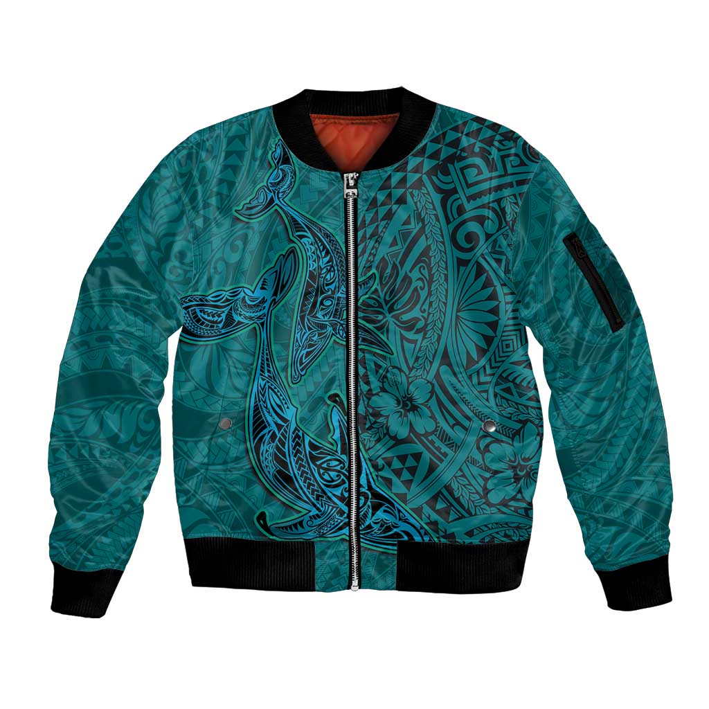 Hawaiian Whales Polynesian Art Motifs Sleeve Zip Bomber Jacket Turquoise Color LT03 Unisex Turquoise - Polynesian Pride