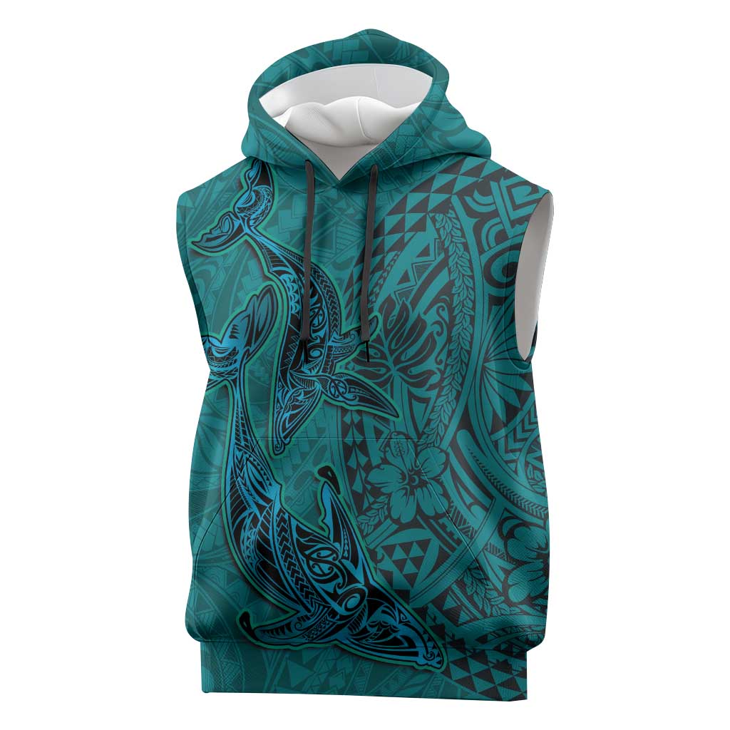 Hawaiian Whales Polynesian Art Motifs Sleeveless Hoodie Turquoise Color LT03 Turquoise - Polynesian Pride