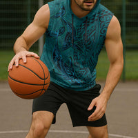 Hawaiian Whales Polynesian Art Motifs Sleeveless Hoodie Turquoise Color - Polynesian Pride