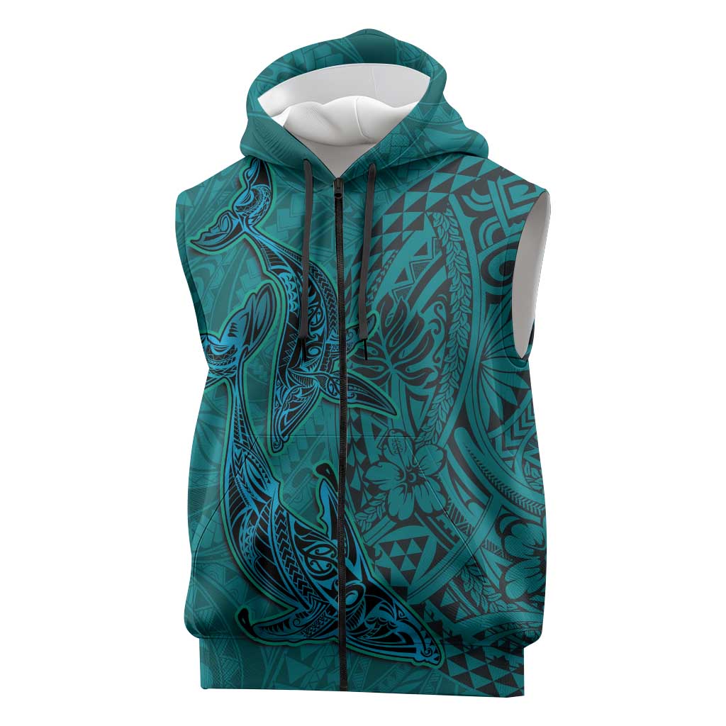 Hawaiian Whales Polynesian Art Motifs Sleeveless Zip Hoodie Turquoise Color LT03 Turquoise - Polynesian Pride