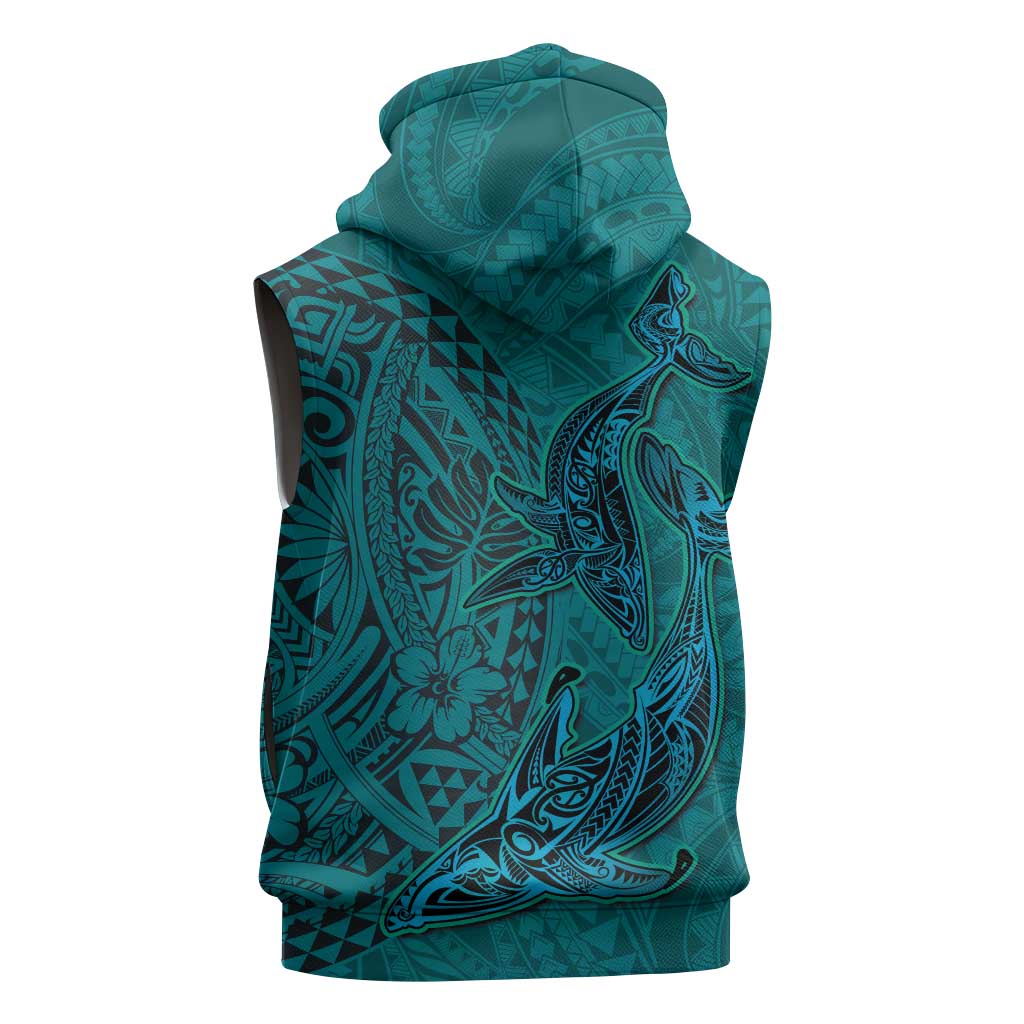 Hawaiian Whales Polynesian Art Motifs Sleeveless Zip Hoodie Turquoise Color LT03 - Polynesian Pride